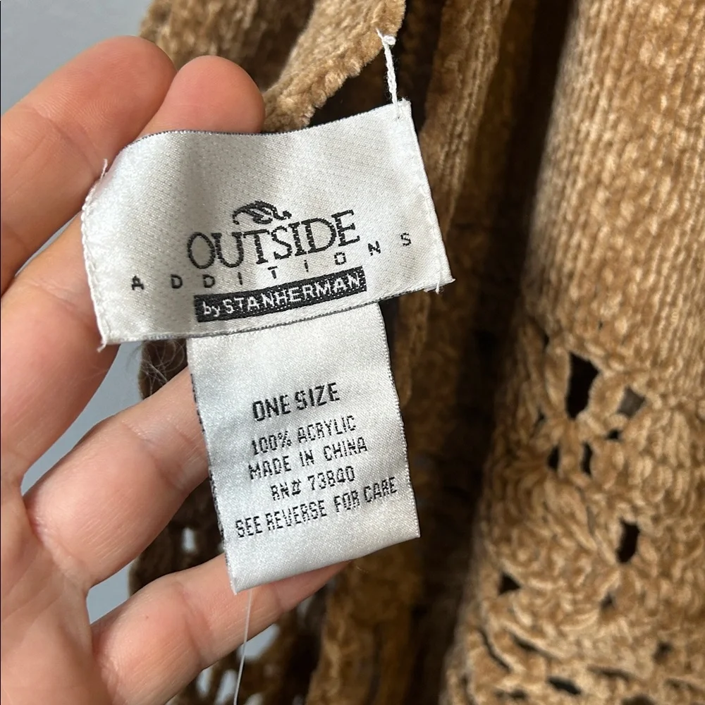 Stan Herman Elegant Tan Crochet Fringe Wrap soft and warm rectangular